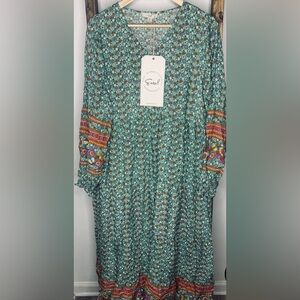 Easel Teal Boho Floral Dress with Vibrant Sleeves NWT